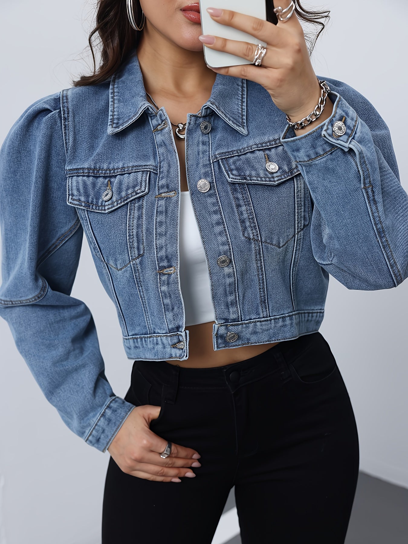 Women's Slim-Fit Long Sleeve Denim Jacket - Elegant Lapel Collar Single-Breasted Closure, Machine Washable Solid Blue Coat for Spring\u002FSummer Casual & Semi-Formal Outfits