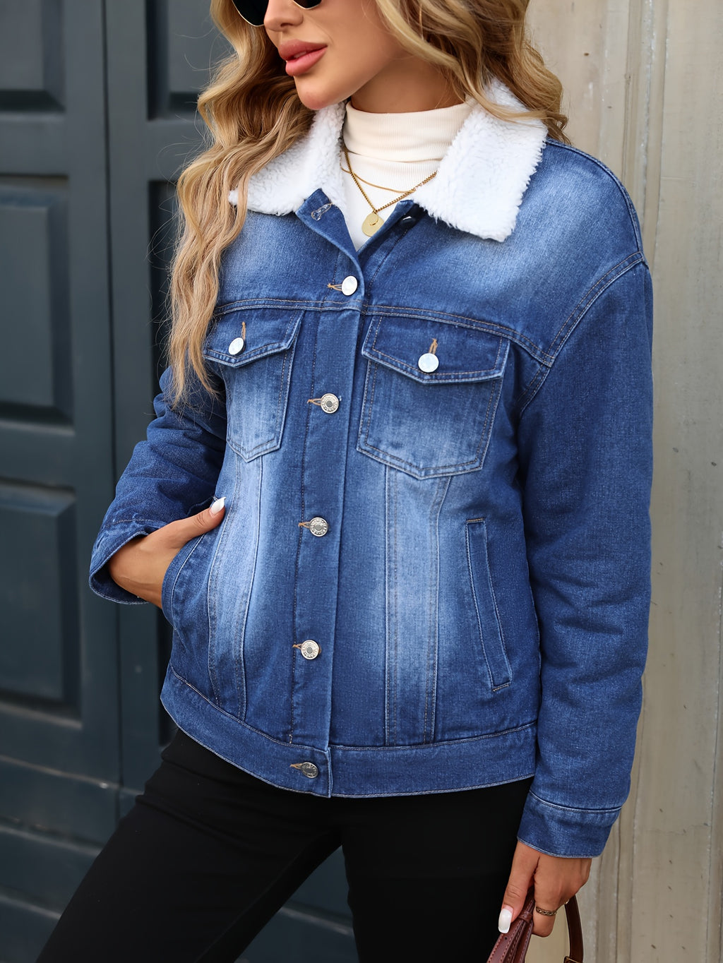 Morin Women's Elegant Fleece-Lined Denim Jacket - Winter Warm Button-Up Coat with Chest Pockets, Machine Washable, Classic Blue for Fall & Winter, Ladies Denim Jacket, Cold Weather Apparel, Functional Pocket Design