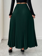 Women's Elegant Pleated Skirt - Dark Green Metallic Chain Belted Waist, Puffed Short Skirt with Vertical Pleats, Machine Washable 3-Season Spring Summer Fall Versatile Office to Party Wear, Cute Skirts