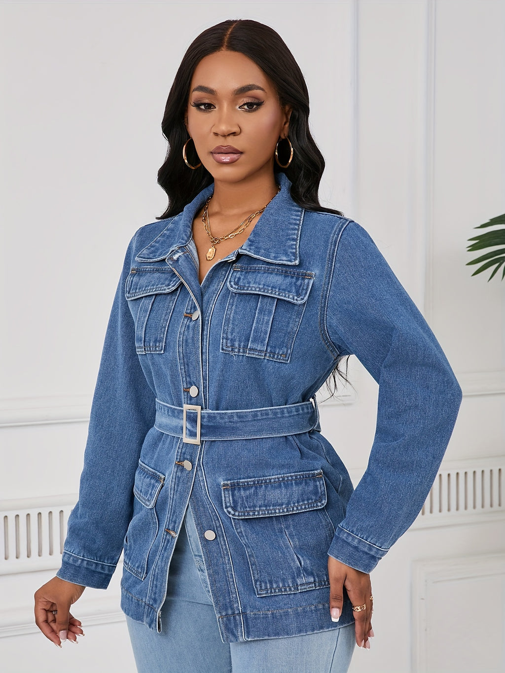 Mid-Length Denim Jacket for Women with a Belt And Four Pockets.