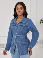 Mid-Length Denim Jacket for Women with a Belt And Four Pockets.