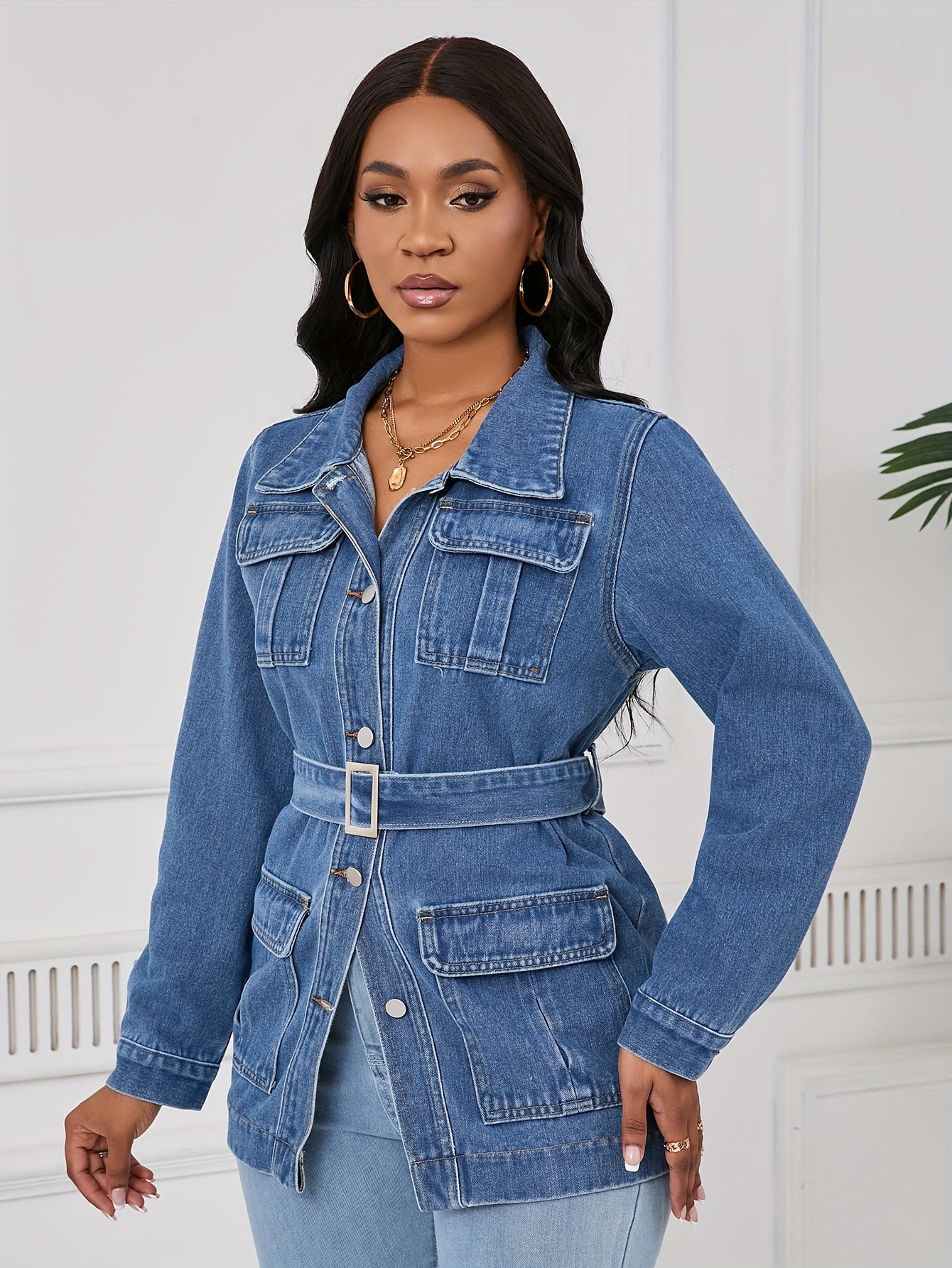 Mid-Length Denim Jacket for Women with a Belt And Four Pockets.