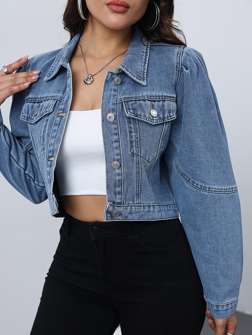 Women's Slim-Fit Long Sleeve Denim Jacket - Elegant Lapel Collar Single-Breasted Closure, Machine Washable Solid Blue Coat for Spring\u002FSummer Casual & Semi-Formal Outfits