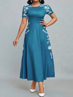 Elegant Printed Polyester Crew Neck Fitted Dress for Adult - Spring\u002FSummer\u002FFall Collection