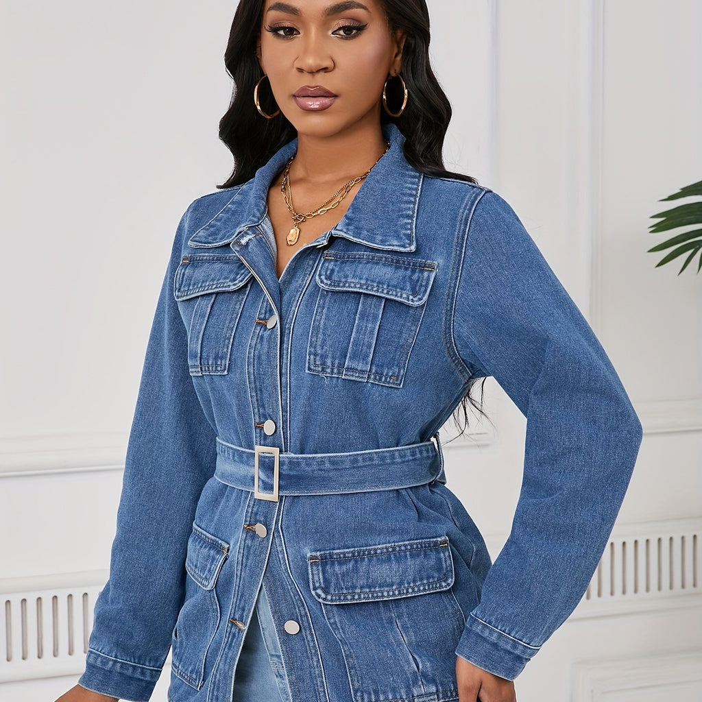Mid-Length Denim Jacket for Women with a Belt And Four Pockets.