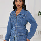 Mid-Length Denim Jacket for Women with a Belt And Four Pockets.