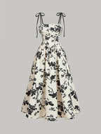 Elegant Floral Print Square Neck Dress for Women - Sleeveless A-Line Midi with Lace-Up Detail, Spring\u002FSummer\u002FFall Fashion, White with Blue Floral Patterns, Floral Dress