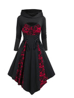Gothic-Inspired Women's Outfit Set: Rose Lace Contrast Dress with Tie Waist & Long Sleeve Top, Plus Matching Hat - Perfect for Christmas & Casual Parties