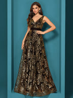 Elegant V-Neck Sequin Embroidered Sleeveless Maxi Dress for Women - Flowing Floor-Length Evening Gown with Lace Detailing, Perfect for Parties, Proms, and Formal Events