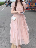 Elegant French-Inspired Midi Dress with Ruffled Sleeves and Square Neckline - Beaded Cinched Waist, Flowing A-Line Silhouette, Perfect for Spring\u002FSummer, Cute Dres