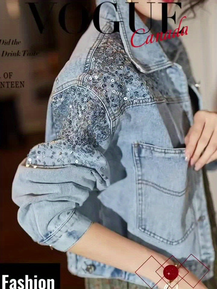 Women's Light Blue Denim-Look Jacket with Sequin Details, Flap Pockets, and Buttoned Cuffs - Stylish Long Sleeve Outerwear for Spring\u002FFall, Ladies Denim Jacket, Casual Outerwear | Trendy Women's Jacket | Sequin Accents