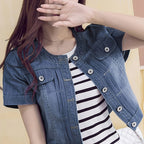 Chic Denim Jacket for Women - Casual Short Sleeve, Crop Top with Faux Pockets, Spring\u002FSummer Collection