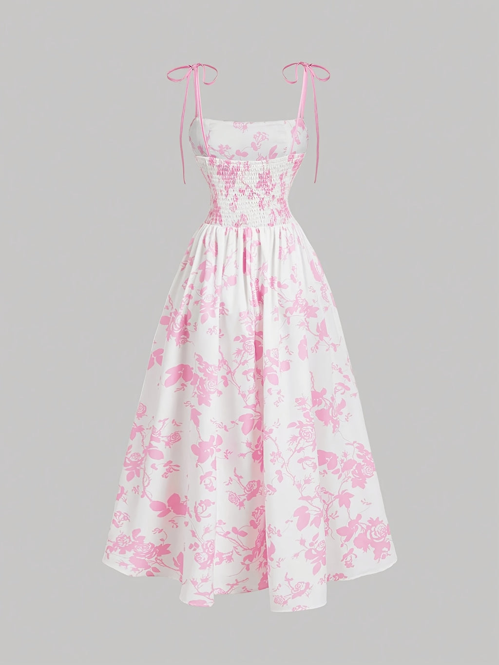 Elegant Floral Print Square Neck Dress for Women - Sleeveless A-Line Midi with Lace-Up Detail, Spring\u002FSummer\u002FFall Fashion, White with Blue Floral Patterns, Floral Dress