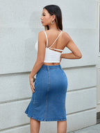 1pc Elegant Mid Waist Mermaid Denim Skirt, Cotton Blend with Polyester and Spandex, Solid Color, Knee-Length, Scallop Detail, Regular Fit, Woven Fabric, Stretchy for Spring\u002FSummer\u002FFall