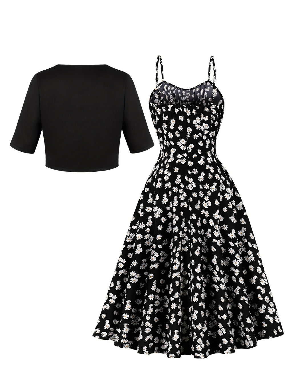 1pc Elegant Floral Print Two-Piece Dress Set, Polyester 100%, Crew Neck, Short Sleeve Top with Bow Detail, Woven Skirt, Spring\u002FSummer Party Outfit