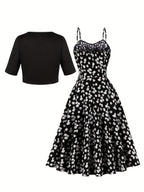 1pc Elegant Floral Print Two-Piece Dress Set, Polyester 100%, Crew Neck, Short Sleeve Top with Bow Detail, Woven Skirt, Spring\u002FSummer Party Outfit