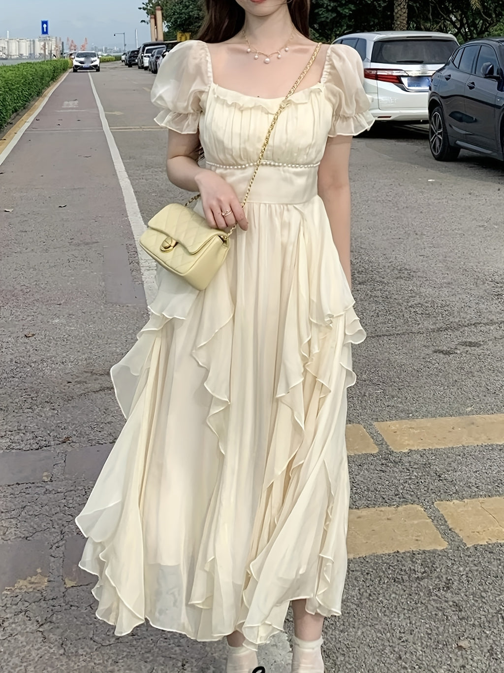 Elegant French-Inspired Midi Dress with Ruffled Sleeves and Square Neckline - Beaded Cinched Waist, Flowing A-Line Silhouette, Perfect for Spring\u002FSummer, Cute Dres
