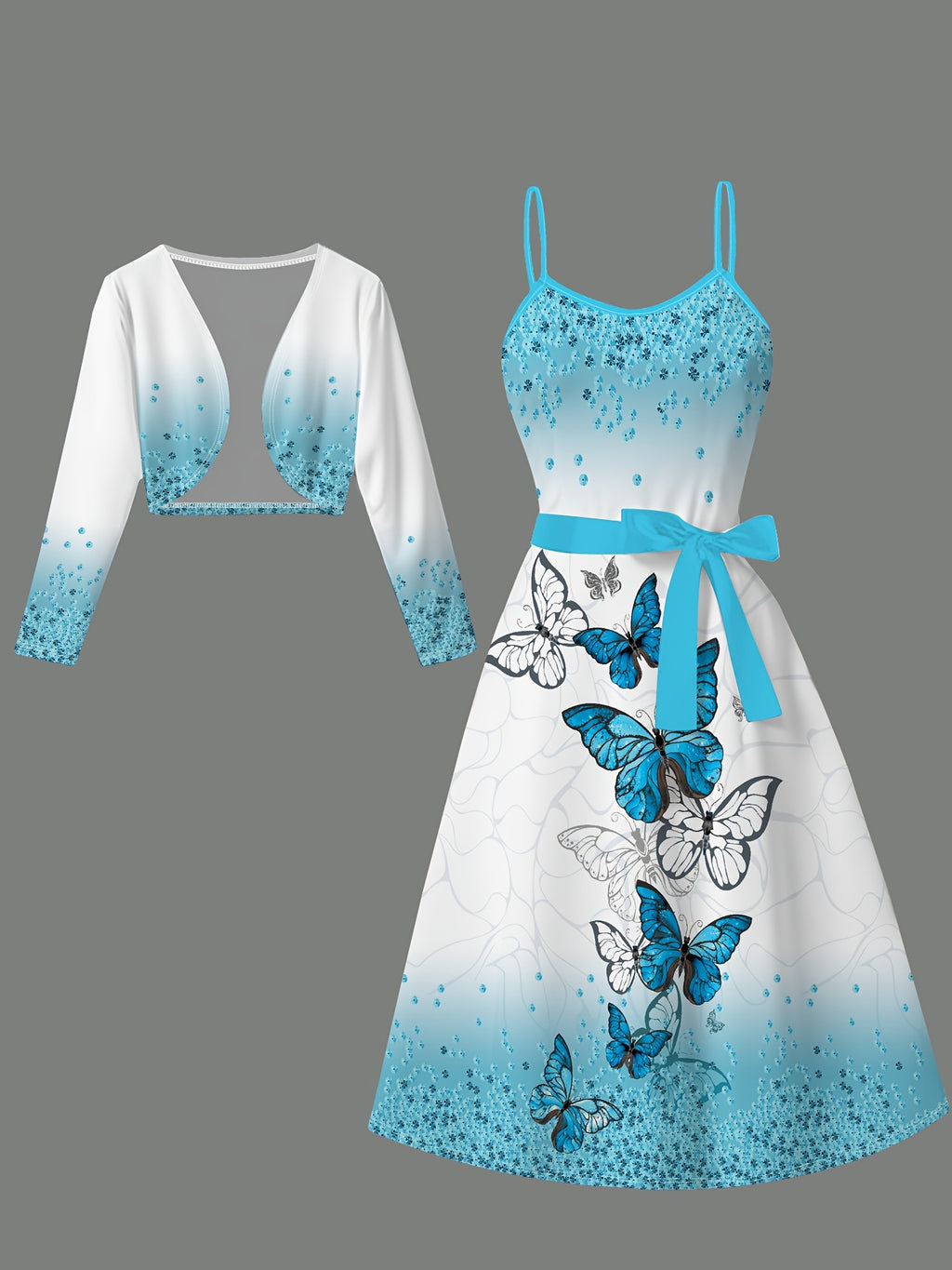 Charming Elegant Women's Long Sleeve Crop Jacket + Belt + Halter Dress Set with Fashionable Blue and White Gradient Butterfly Print