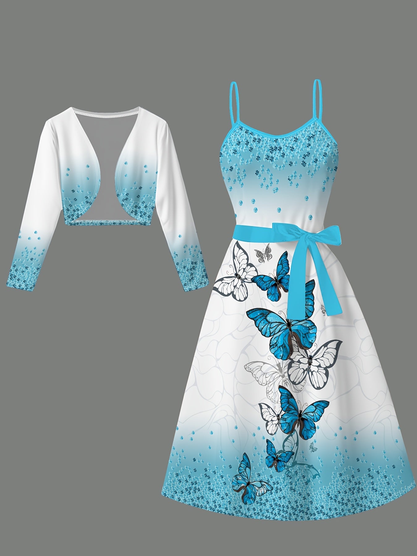 Charming Elegant Women's Long Sleeve Crop Jacket + Belt + Halter Dress Set with Fashionable Blue and White Gradient Butterfly Print