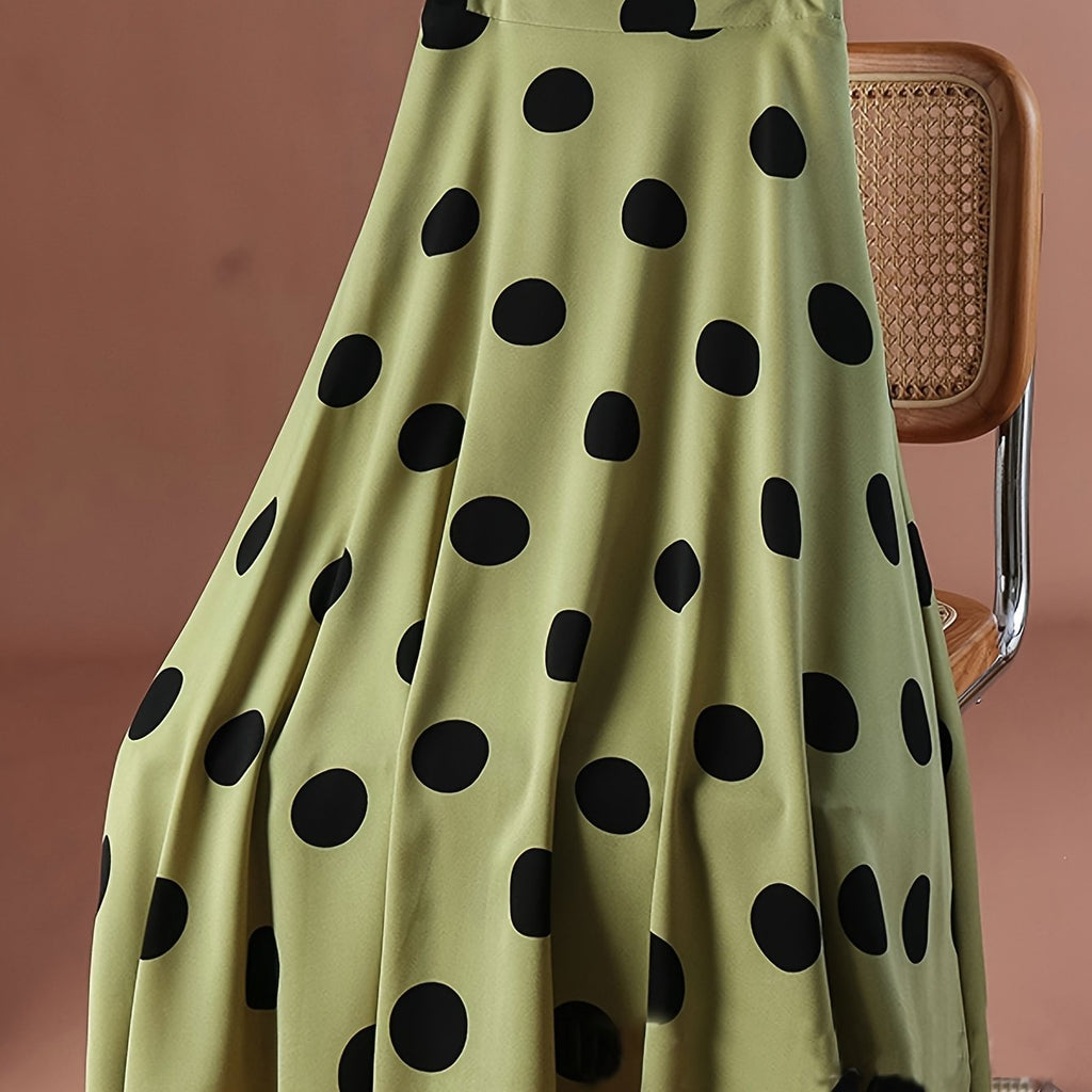 Women's Retro Polka Dot Print Skirt, High-Waisted A-Line Design with Elastic Waistband, Lightweight Polyester Fabric, Green with Black Circles, Casual Spring\u002FSummer Style