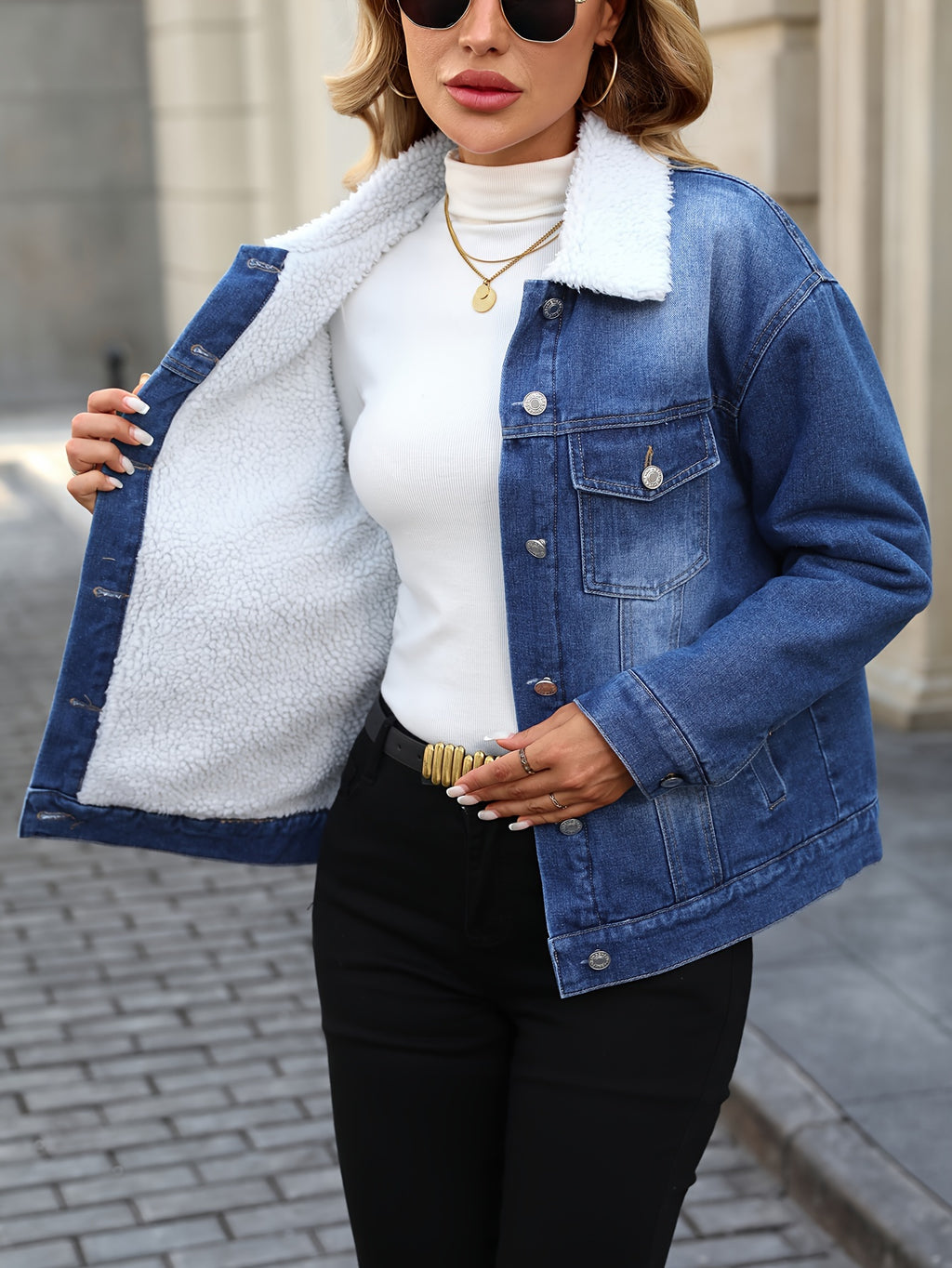 Morin Women's Elegant Fleece-Lined Denim Jacket - Winter Warm Button-Up Coat with Chest Pockets, Machine Washable, Classic Blue for Fall & Winter, Ladies Denim Jacket, Cold Weather Apparel, Functional Pocket Design