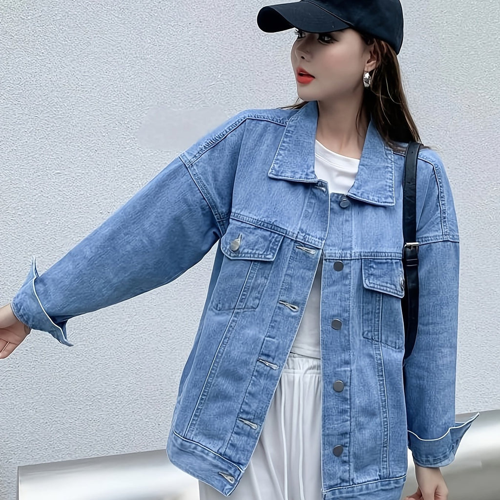 Women'S Casual Denim Jacket, Loose Fit Solid Color, Long Sleeve, Single Breasted with Lapel Collar, Regular Length, Non-Stretch Fabric, 81%, 9.6% Viscose, 8.5% Polyester, Fall\u002FWinter Outerwear