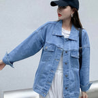Women'S Casual Denim Jacket, Loose Fit Solid Color, Long Sleeve, Single Breasted with Lapel Collar, Regular Length, Non-Stretch Fabric, 81%, 9.6% Viscose, 8.5% Polyester, Fall\u002FWinter Outerwear