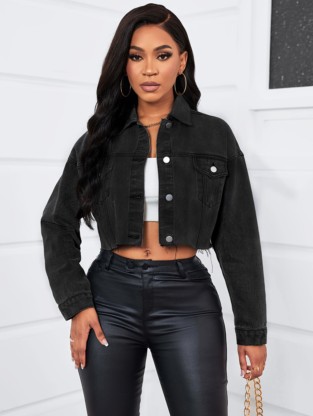 Vintage Long Sleeve Stylish Denim Jacket, Button Long Sleeve Collared Casual Denim Jacket, Women's Clothing