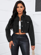 Vintage Long Sleeve Stylish Denim Jacket, Button Long Sleeve Collared Casual Denim Jacket, Women's Clothing