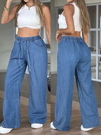 Women'S High Waist Straight Leg Jeans, Casual Non-Stretch Denim Pants, Solid Color, with Drawstring Waist, for All Seasons