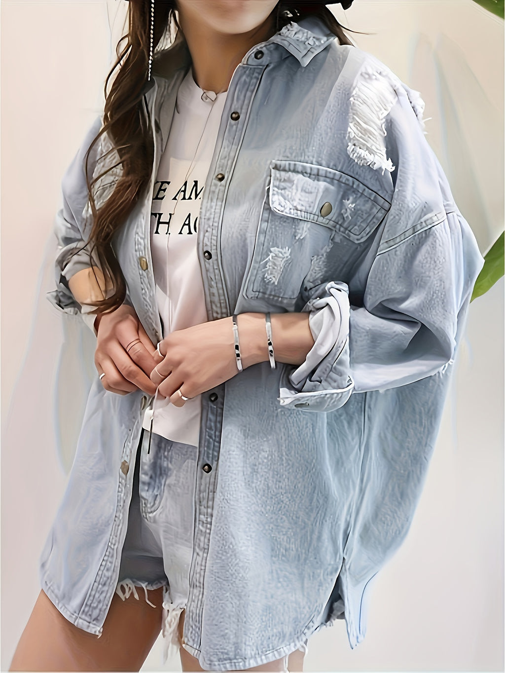 Letter Print Ripped Loose Fit Long Sleeve Light Washed Blue Denim Shirts Jacket, Women's Denim Jeans & Clothing
