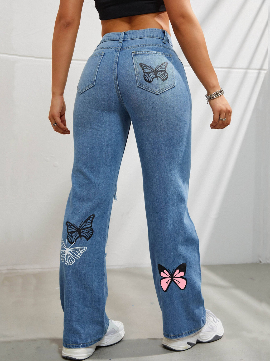 Women's High-Waist Distressed Butterfly Print Straight-Leg Jeans - Light Blue Denim with Black & Pink Butterfly Design, Ripped Detail, Casual Spring\u002FSummer Style, Butterfly Pants