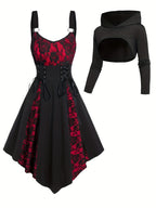 Gothic-Inspired Women's Outfit Set: Rose Lace Contrast Dress with Tie Waist & Long Sleeve Top, Plus Matching Hat - Perfect for Christmas & Casual Parties