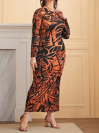 Elegant Plus Size Long Sleeve Maxi Dress for Women - Round Neck, High Stretch, Floral Print, Bodycon Fit, Vacation Style, All-Season Wear, Vibrant Orange & Black Floral Design, Long Sleeve Dres