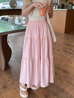 Spring And Autumn Women'S High-Waisted Slimming Versatile White Midi Skirt with Elastic Waist, Mid-Length Black Skirt with Lining, Beach Party Long Skirt.