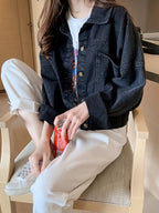 Women'S Black Denim Jacket with Cute Bear Applique - Casual Long Sleeve, Non-Stretch Fabric, Spring\u002FSummer Fashion, Casual Outerwear | Playful Design | Decorative Details