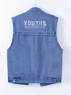 2025 New Women's Bohemian Embroidered Denim Vest - Sleeveless Buttoned Jacket with Pockets, Light Blue Spring and Autumn Casual Outerwear