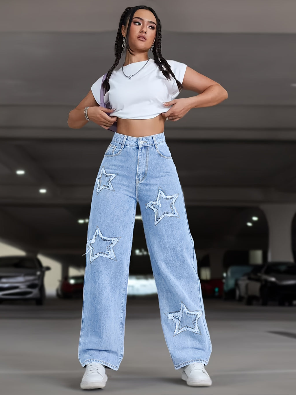 Women's Elegant Star Straight-Leg Jeans - Stretch Denim, Comfort Fit, Machine Washable, Versatile All-Season Wear