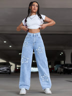 Women's Elegant Star Straight-Leg Jeans - Stretch Denim, Comfort Fit, Machine Washable, Versatile All-Season Wear