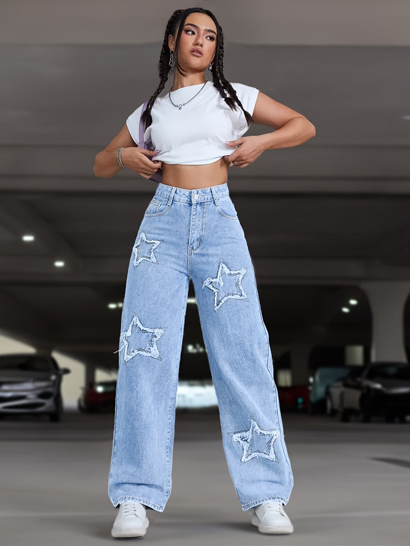 Women's Elegant Star Straight-Leg Jeans - Stretch Denim, Comfort Fit, Machine Washable, Versatile All-Season Wear