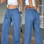 Women'S High Waist Straight Leg Jeans, Casual Non-Stretch Denim Pants, Solid Color, with Drawstring Waist, for All Seasons