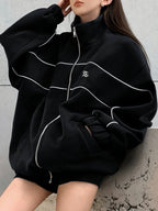 Solid Color Loose Casual Embroidered Stand Collar Jacket with Zipper for Women