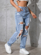 Light Blue Distressed Straight-Leg Vintage Long Pants