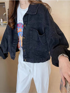 Women'S Black Denim Jacket with Cute Bear Applique - Casual Long Sleeve, Non-Stretch Fabric, Spring\u002FSummer Fashion, Casual Outerwear | Playful Design | Decorative Details
