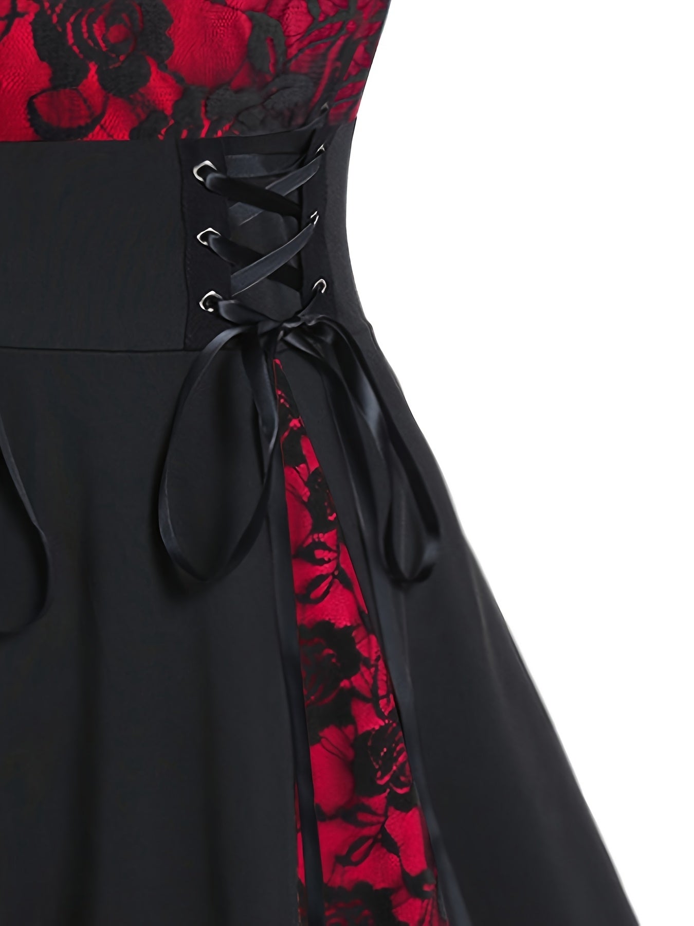 1pc Vintage V-Neck Lace-Up A-Line Dress for Women, Sleeveless Floral Lace Contrast, Heart-Shaped V-Line, Lace Detail, Polyester & Spandex, Elegant Party Dress for All Seasons