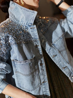 Women's Light Blue Denim-Look Jacket with Sequin Details, Flap Pockets, and Buttoned Cuffs - Stylish Long Sleeve Outerwear for Spring\u002FFall, Ladies Denim Jacket, Casual Outerwear | Trendy Women's Jacket | Sequin Accents
