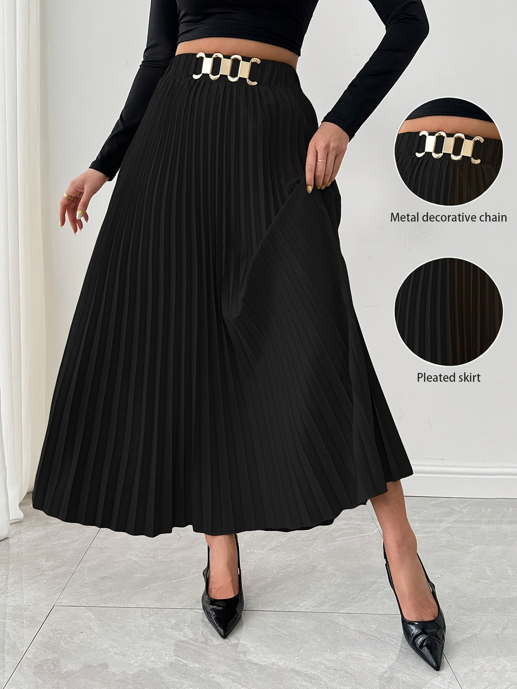 Women's Elegant Pleated Skirt - Dark Green Metallic Chain Belted Waist, Puffed Short Skirt with Vertical Pleats, Machine Washable 3-Season Spring Summer Fall Versatile Office to Party Wear, Cute Skirts