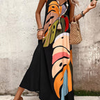 Women's Tropical Leaf Print Sleeveless Maxi Dress - Vibrant Orange & Green Loose Fit Summer Dress with Thin Straps, Machine Washable for Beach Vacations & Casual Outings, Warm Weather Clothing | Flowing Maxi Dress | Lightweight Fabric, Beach Dress