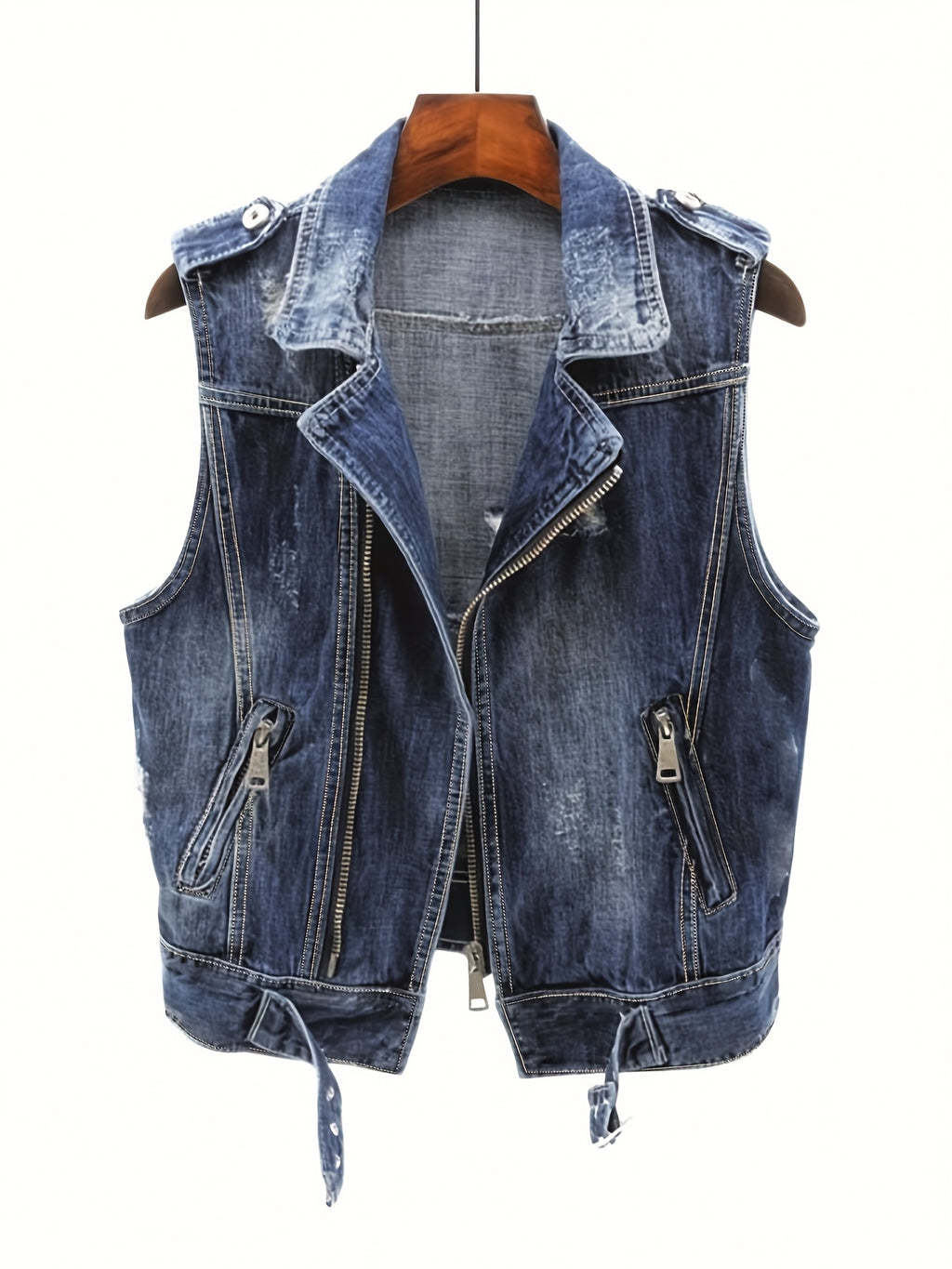 Retro-Style Women'S Denim Jacket with a Zipper, New Korean Version Sleeveless Vest for Spring And Autumn 2025, Designed to Be Slimming.