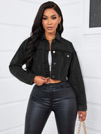 Vintage Long Sleeve Stylish Denim Jacket, Button Long Sleeve Collared Casual Denim Jacket, Women's Clothing